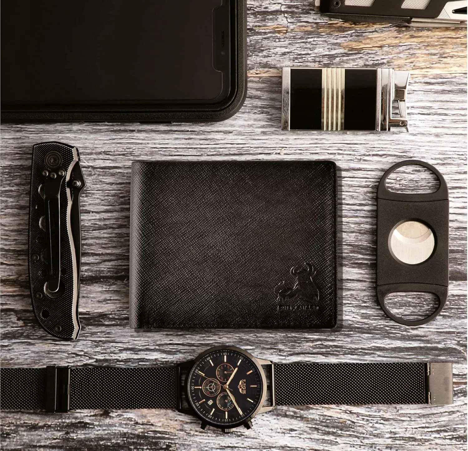 Mens RFID Leather Wallet Bifold with Flip UP ID in Black Saffiano Leather