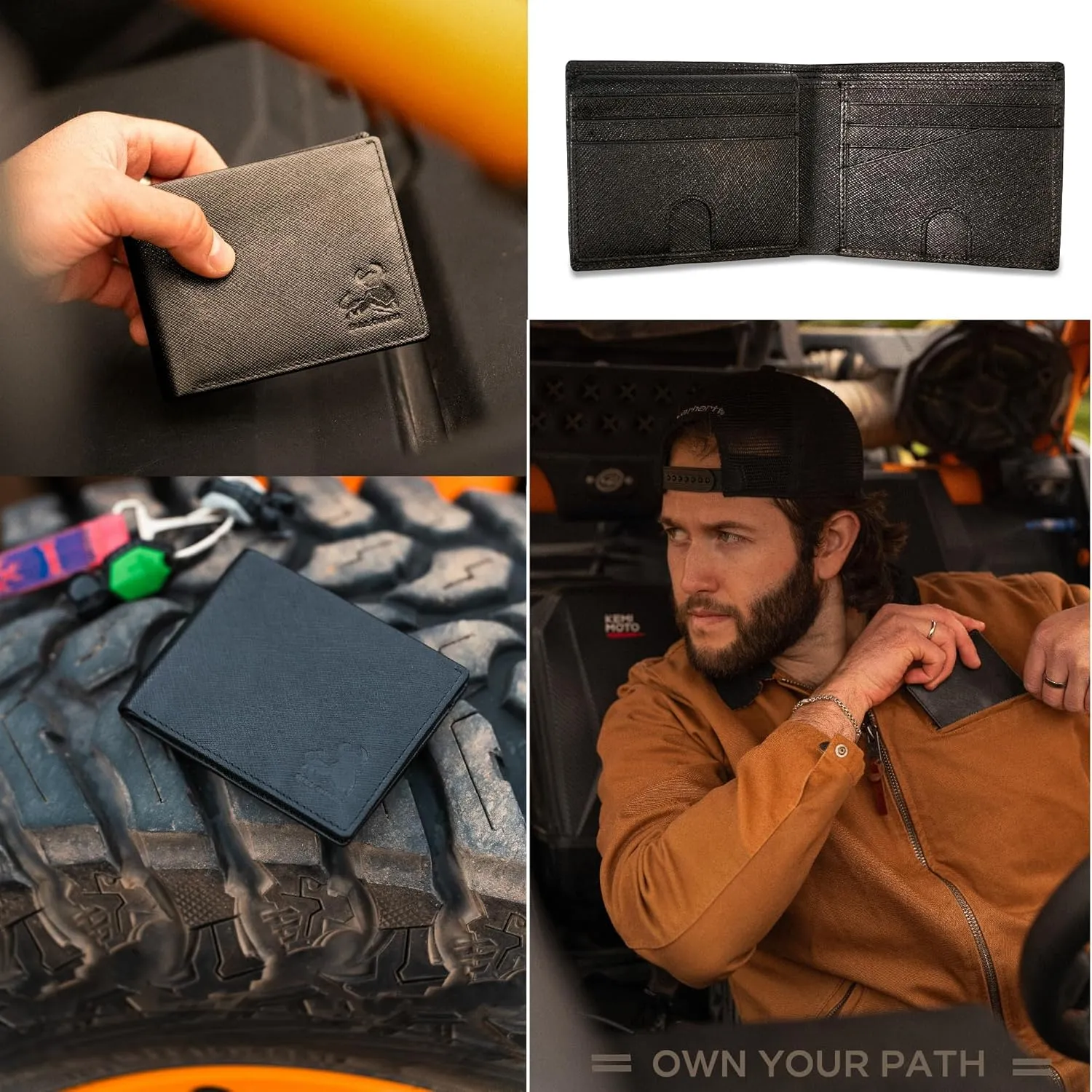 Mens RFID Leather Wallet Bifold with Flip UP ID in Black Saffiano Leather