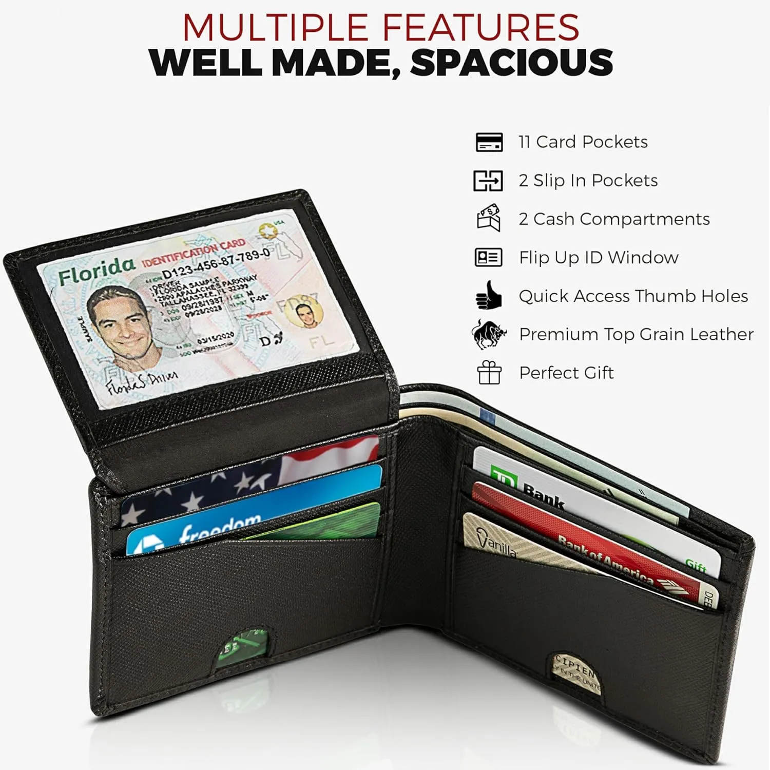 Mens RFID Leather Wallet Bifold with Flip UP ID in Black Saffiano Leather