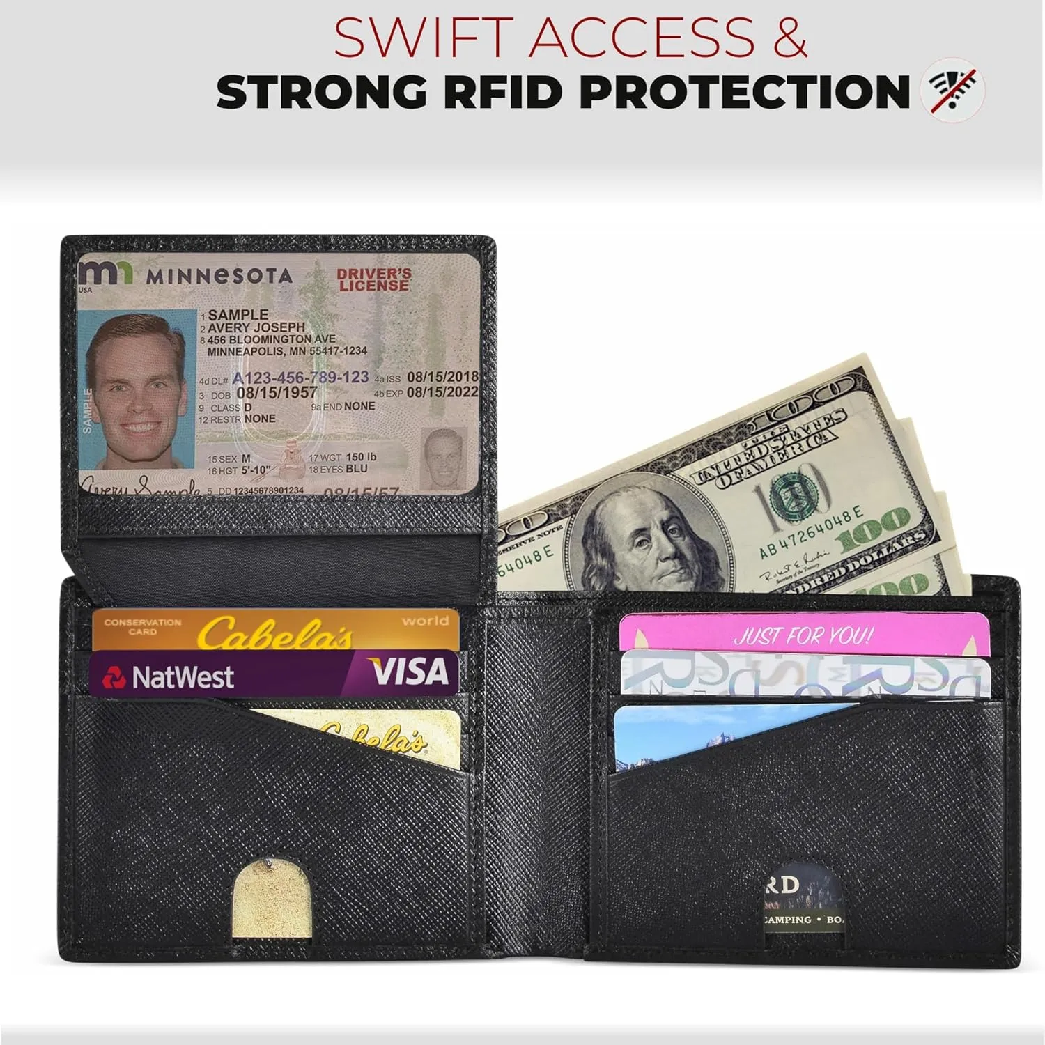 Mens RFID Leather Wallet Bifold with Flip UP ID in Black Saffiano Leather