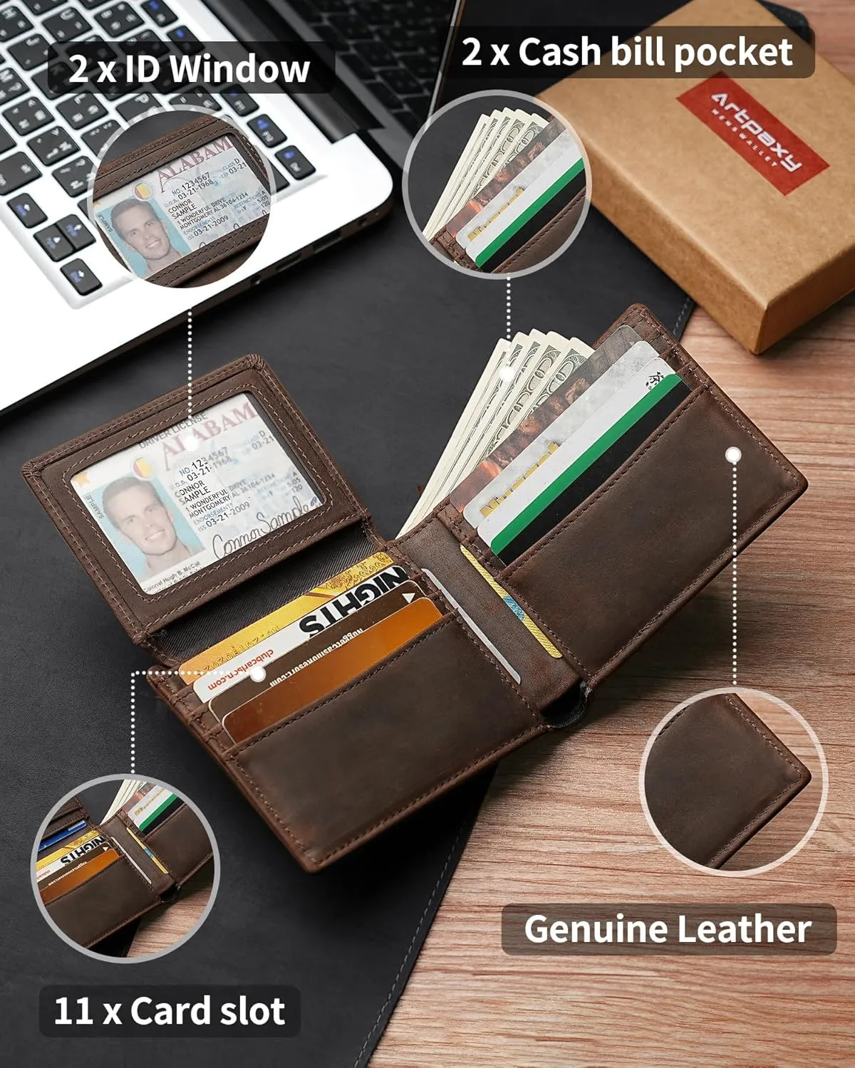 Mens Wallet Genuine Leather Bifold RFID Blocking Wallet for Men with 2 ID Windows 11 Card Holders 2 cash pockets 1 Gift Box