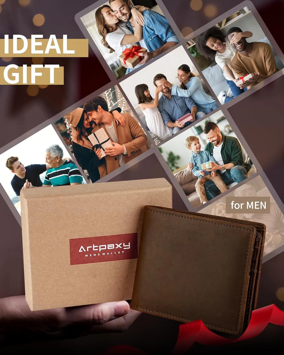 Mens Wallet Genuine Leather Bifold RFID Blocking Wallet for Men with 2 ID Windows 11 Card Holders 2 cash pockets 1 Gift Box