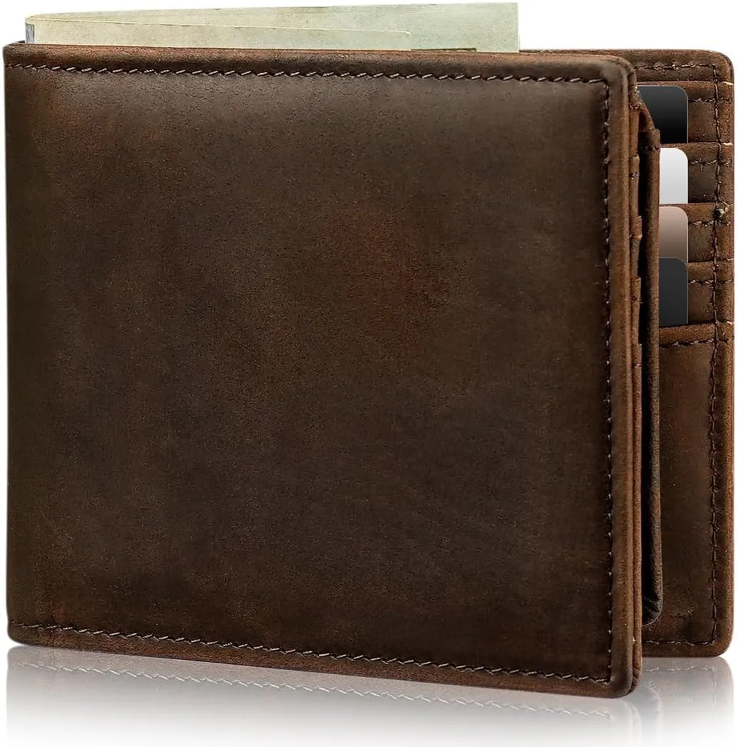 Mens Wallet Genuine Leather Bifold RFID Blocking Wallet for Men with 2 ID Windows 11 Card Holders 2 cash pockets 1 Gift Box