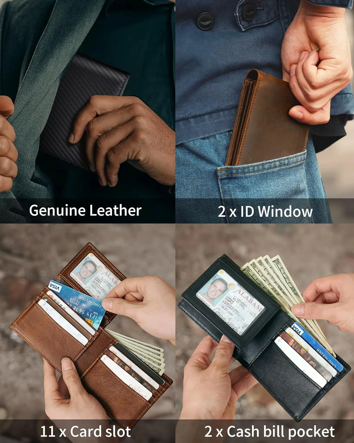 Mens Wallet Genuine Leather Bifold RFID Blocking Wallet for Men with 2 ID Windows 11 Card Holders 2 cash pockets 1 Gift Box