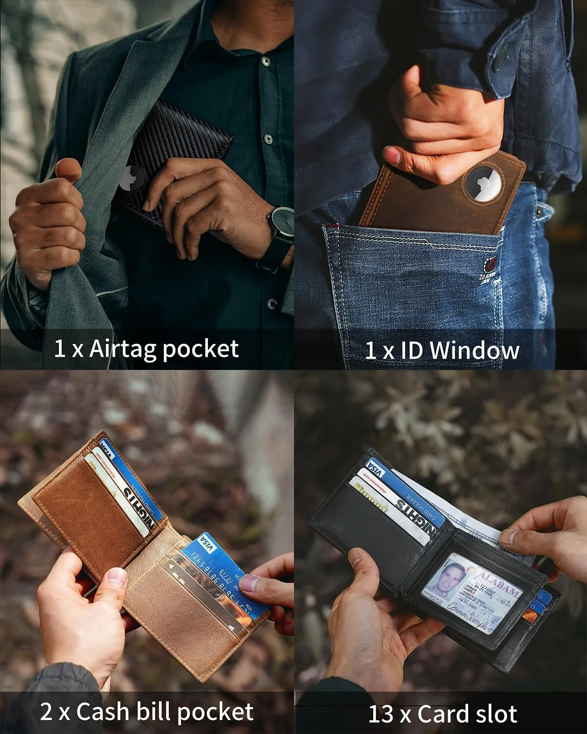 Mens Wallet With AirTag Holder, Bifold Leather RFID Blocking 1-2 ID Windows 12-13 Card Holders, Gift Box and Screen Protector Included, AirTag Not Included