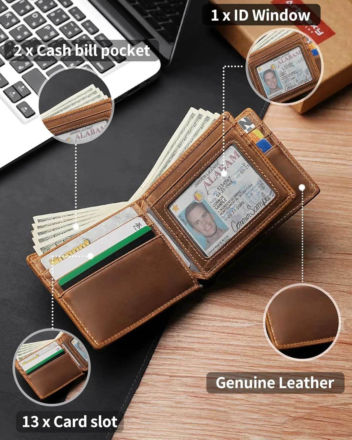 Mens Wallet With AirTag Holder, Bifold Leather RFID Blocking 1-2 ID Windows 12-13 Card Holders, Gift Box and Screen Protector Included, AirTag Not Included
