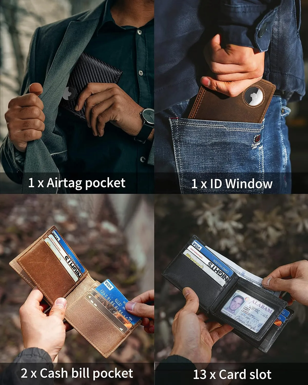 Mens Wallet With AirTag Holder, Bifold Leather RFID Blocking 1-2 ID Windows 12-13 Card Holders, Gift Box and Screen Protector Included, AirTag Not Included