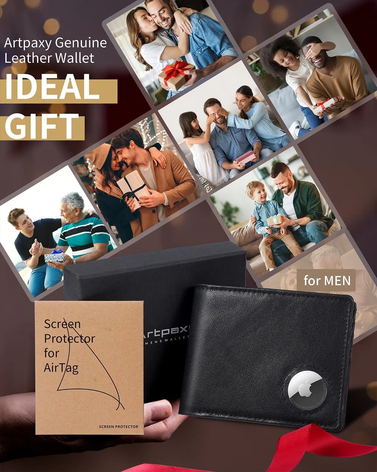 Mens Wallet With AirTag Holder, Bifold Leather RFID Blocking 1-2 ID Windows 12-13 Card Holders, Gift Box and Screen Protector Included, AirTag Not Included