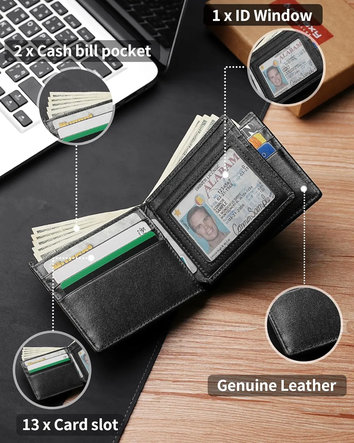Mens Wallet With AirTag Holder, Bifold Leather RFID Blocking 1-2 ID Windows 12-13 Card Holders, Gift Box and Screen Protector Included, AirTag Not Included