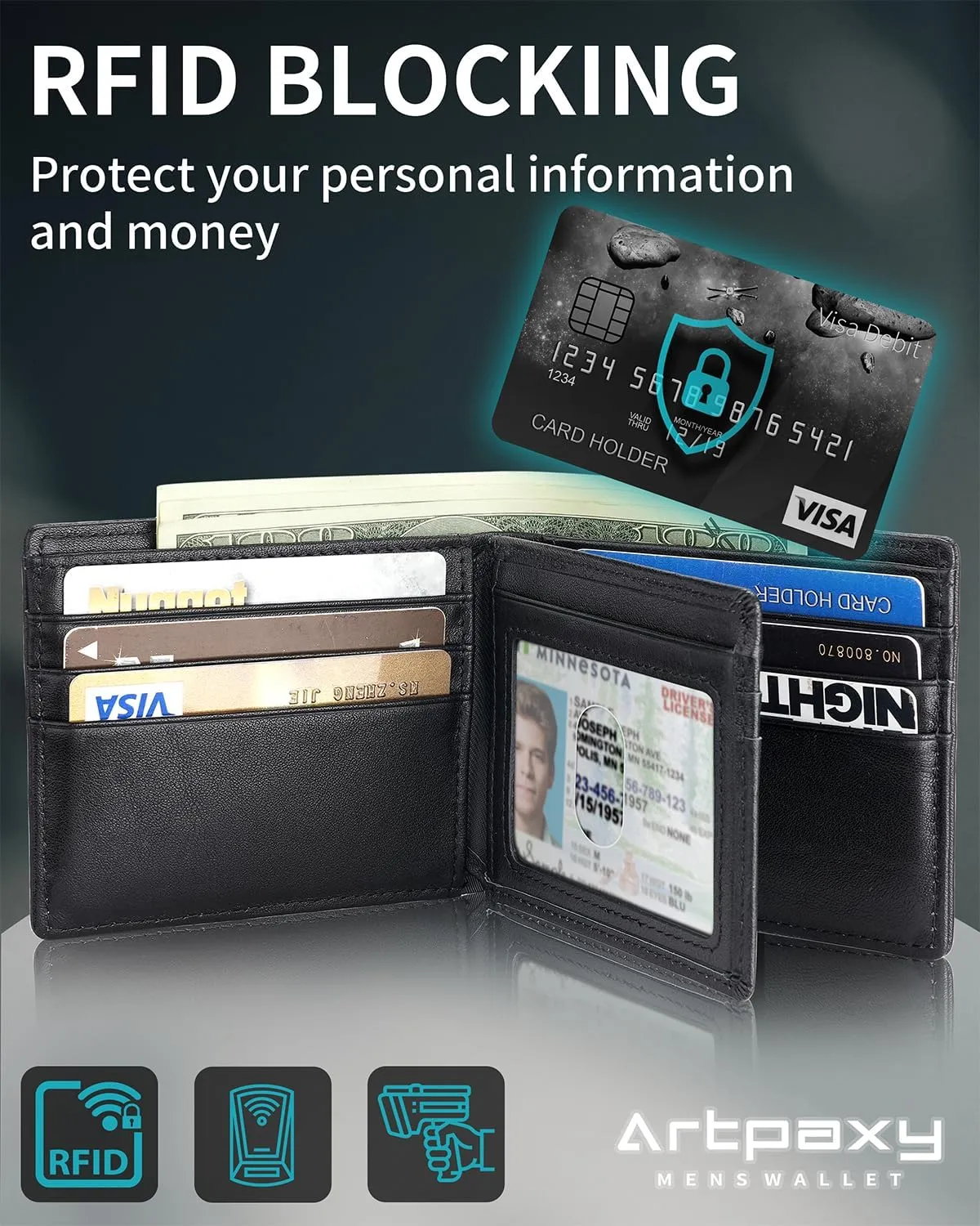 Mens Wallet With AirTag Holder, Bifold Leather RFID Blocking 1-2 ID Windows 12-13 Card Holders, Gift Box and Screen Protector Included, AirTag Not Included