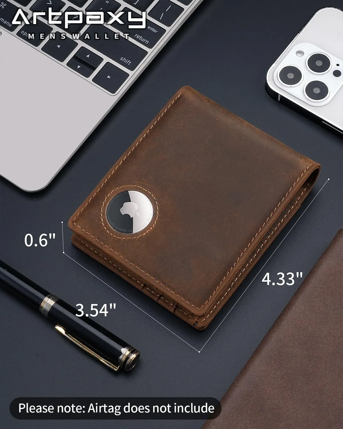 Mens Wallet With AirTag Holder, Bifold Leather RFID Blocking 1-2 ID Windows 12-13 Card Holders, Gift Box and Screen Protector Included, AirTag Not Included