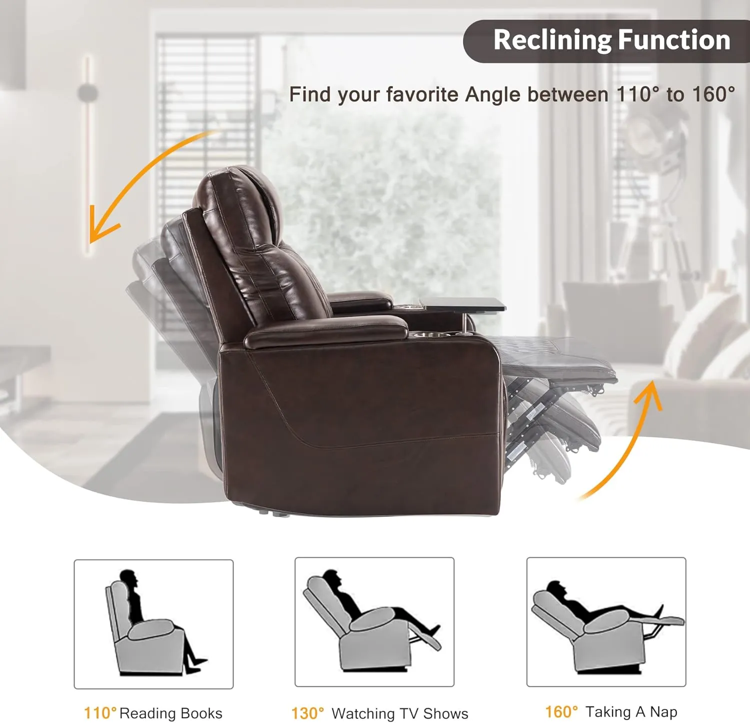 Merax Electric Recliner Chair with USB Charge Port, 360 Swivel Tray Table, Hand in-Arm Storage, and Cup Holders, Ambient Lighting - Ambient Lighting Gaming Recliner Chair Home Theater Seating(Brown)