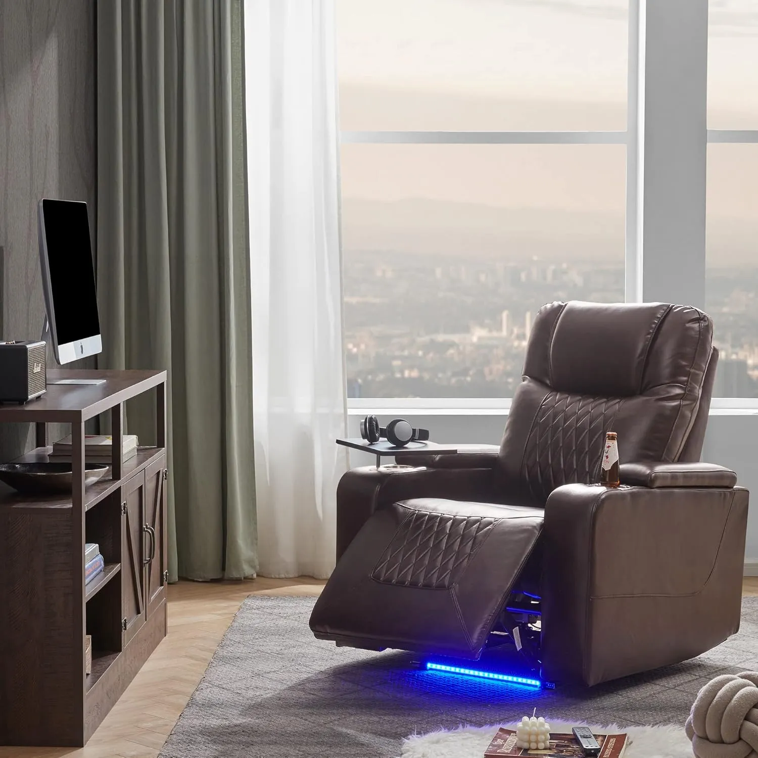 Merax Electric Recliner Chair with USB Charge Port, 360 Swivel Tray Table, Hand in-Arm Storage, and Cup Holders, Ambient Lighting - Ambient Lighting Gaming Recliner Chair Home Theater Seating(Brown)