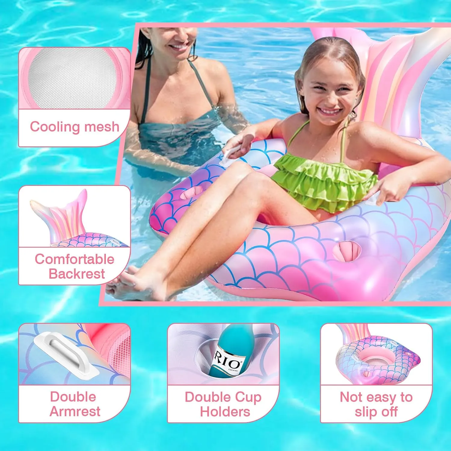 Mermaid Inflatable Pool Float Chair with 2 Cup Holders, Armrests, Pink Swimming Pool Party Lounge Raft Decorations Toys for Kids Adults, Swimming Pool Lounger Pool Floaties for Summer Beach Party