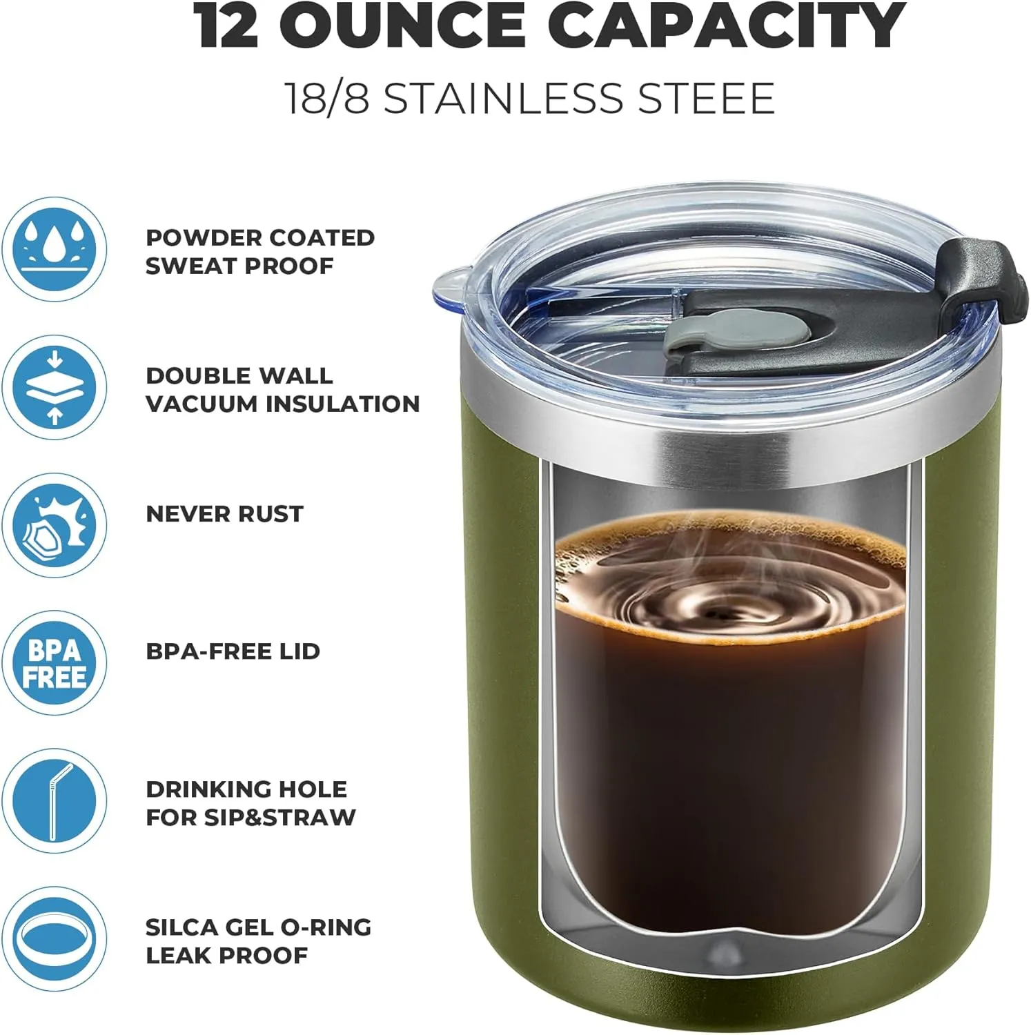 MEWAY 12 oz Lowball, Tumbler Stainless Steel Double Wall Vacuum Insulated Mug with Straw and Lid, Cleaning Brush ，Durable Powder Coated Insulated Coffee Cup for Cold & Hot Drinks (Army Green,4 pack)