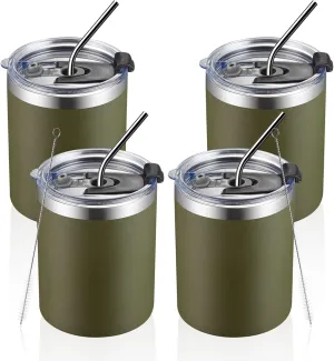 MEWAY 12 oz Lowball, Tumbler Stainless Steel Double Wall Vacuum Insulated Mug with Straw and Lid, Cleaning Brush ，Durable Powder Coated Insulated Coffee Cup for Cold & Hot Drinks (Army Green,4 pack)