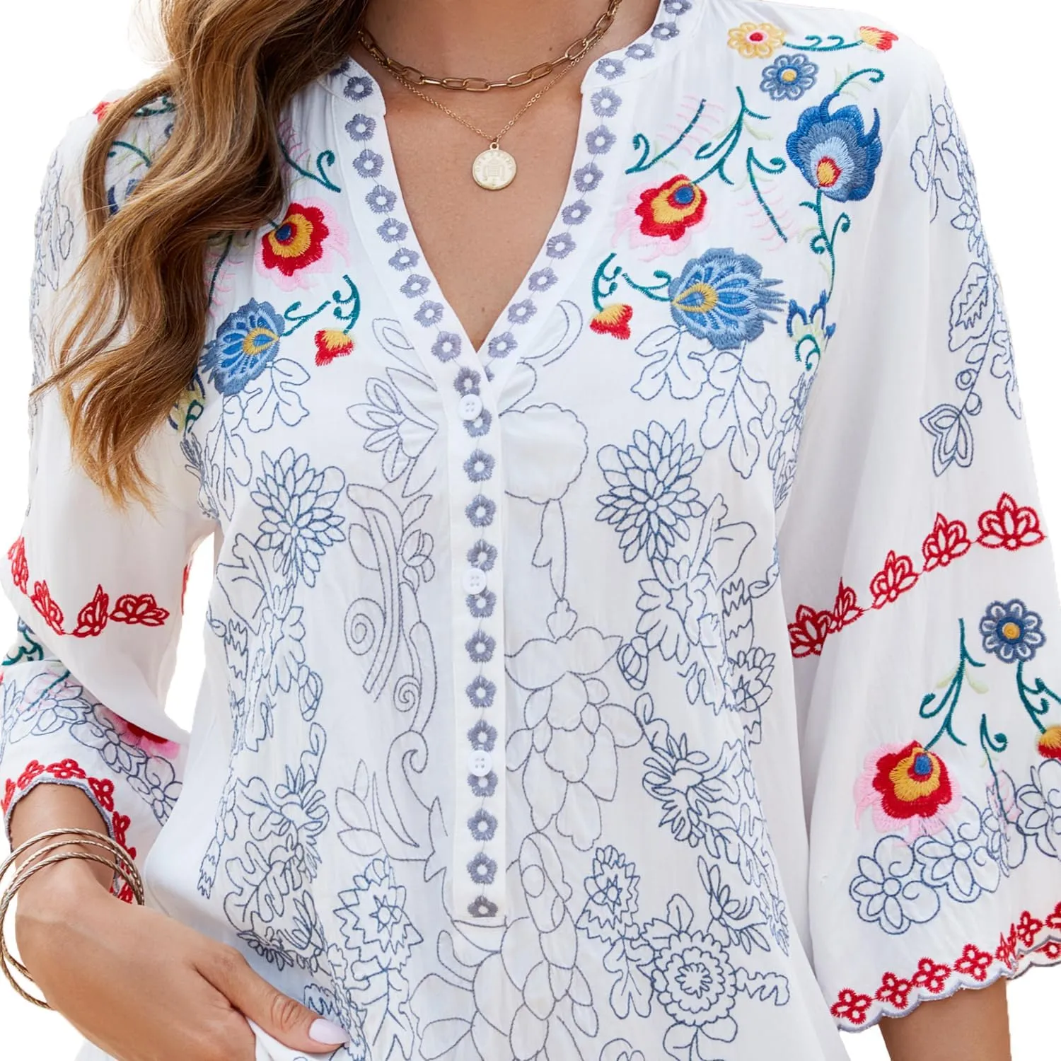 Mexican Shirts Peasant Blouses Cotton Embroidered 3/4 Sleeve Summer V Neck Tunic Bohemian Tops Boho Clothes for Women