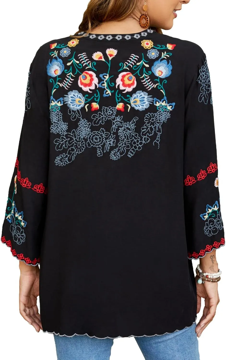 Mexican Shirts Peasant Blouses Cotton Embroidered 3/4 Sleeve Summer V Neck Tunic Bohemian Tops Boho Clothes for Women