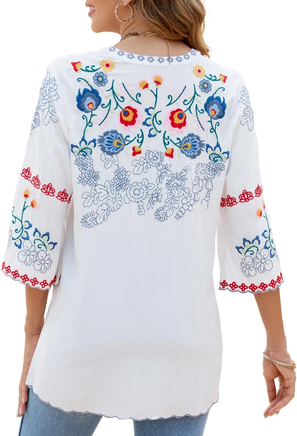 Mexican Shirts Peasant Blouses Cotton Embroidered 3/4 Sleeve Summer V Neck Tunic Bohemian Tops Boho Clothes for Women