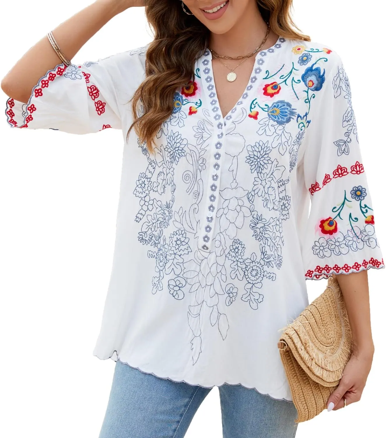 Mexican Shirts Peasant Blouses Cotton Embroidered 3/4 Sleeve Summer V Neck Tunic Bohemian Tops Boho Clothes for Women