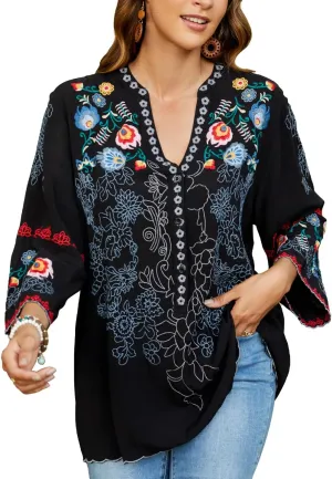 Mexican Shirts Peasant Blouses Cotton Embroidered 3/4 Sleeve Summer V Neck Tunic Bohemian Tops Boho Clothes for Women