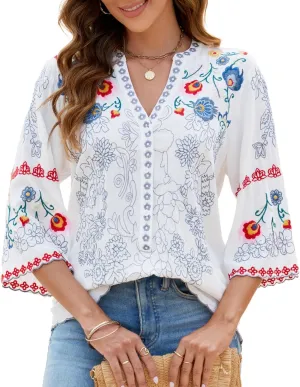 Mexican Shirts Peasant Blouses Cotton Embroidered 3/4 Sleeve Summer V Neck Tunic Bohemian Tops Boho Clothes for Women