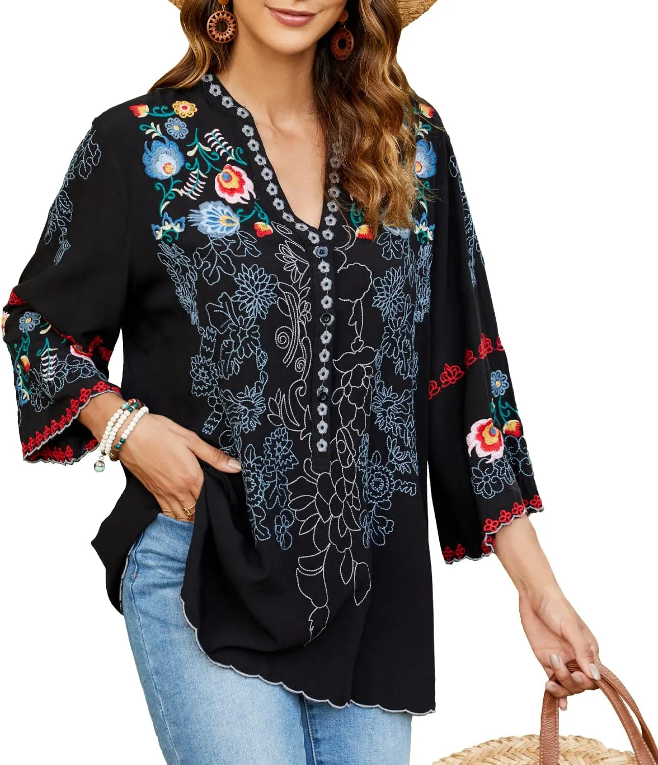 Mexican Shirts Peasant Blouses Cotton Embroidered 3/4 Sleeve Summer V Neck Tunic Bohemian Tops Boho Clothes for Women