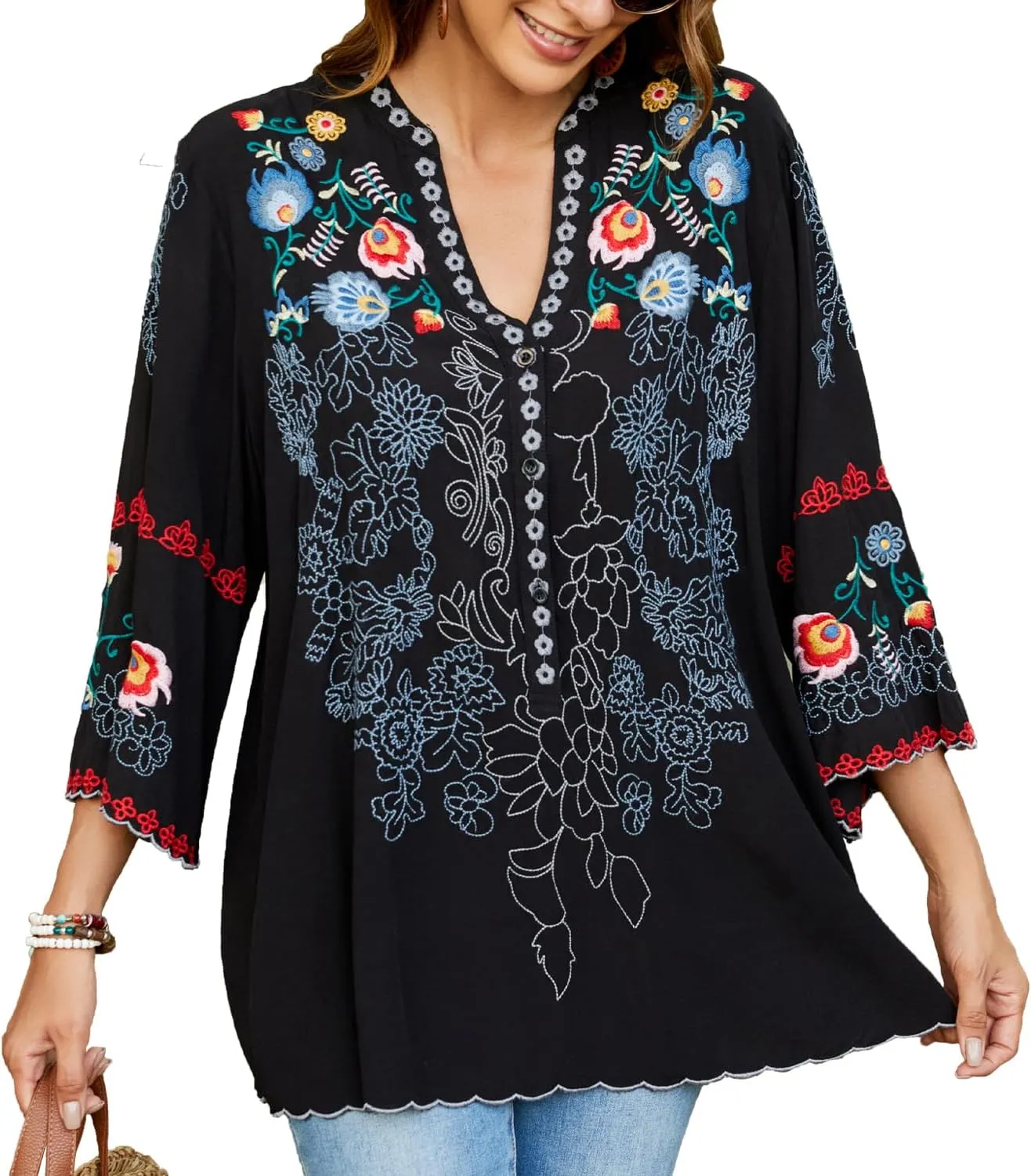 Mexican Shirts Peasant Blouses Cotton Embroidered 3/4 Sleeve Summer V Neck Tunic Bohemian Tops Boho Clothes for Women