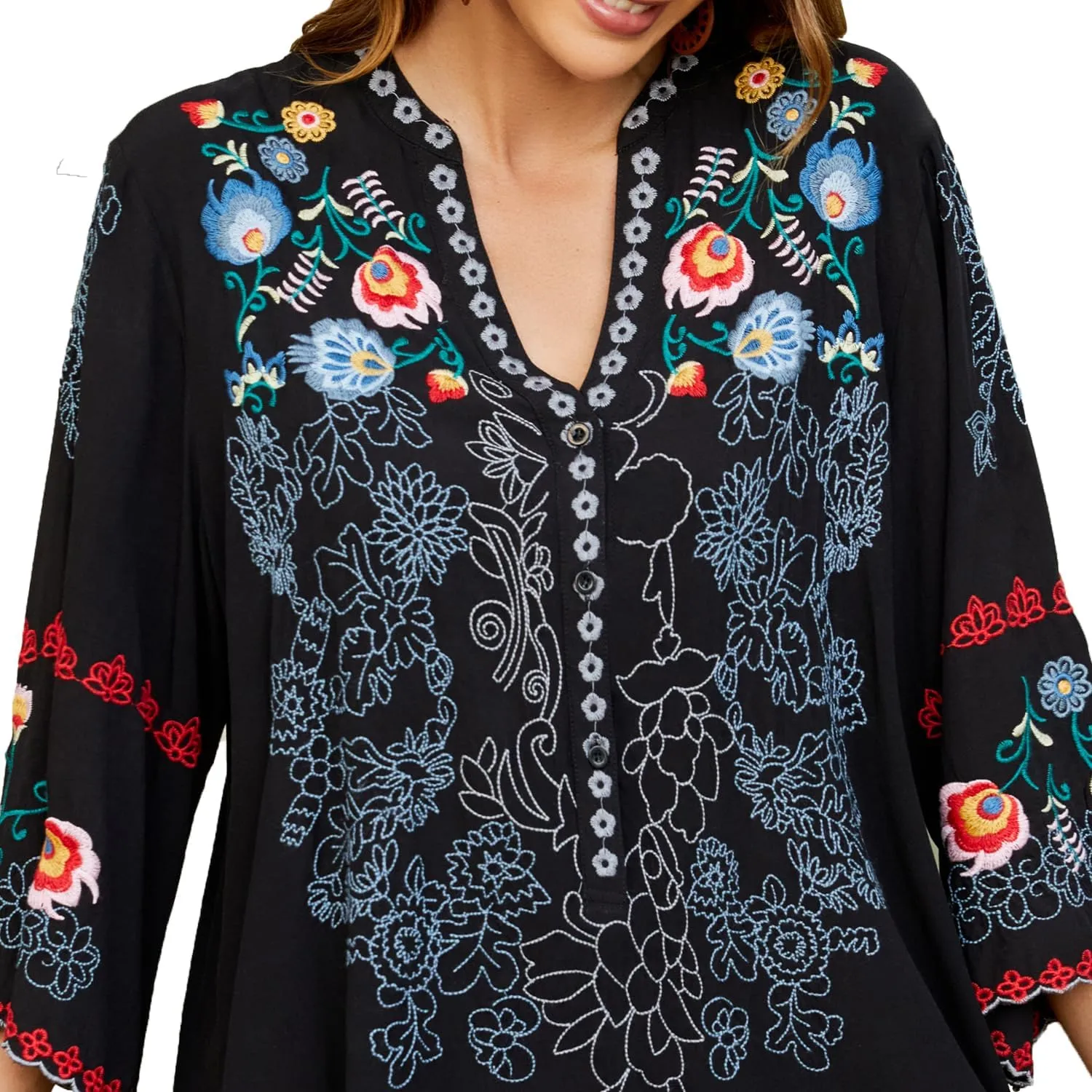 Mexican Shirts Peasant Blouses Cotton Embroidered 3/4 Sleeve Summer V Neck Tunic Bohemian Tops Boho Clothes for Women