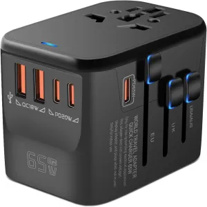MINGTONG Universal Travel Adapter, GaN 65W International Plug Adapter, 3 PD USB-C & 2 QC USB-A Fast Charging Ports, Worldwide Power Adaptor Wall Charger for EU US UK AUS 200  Countires