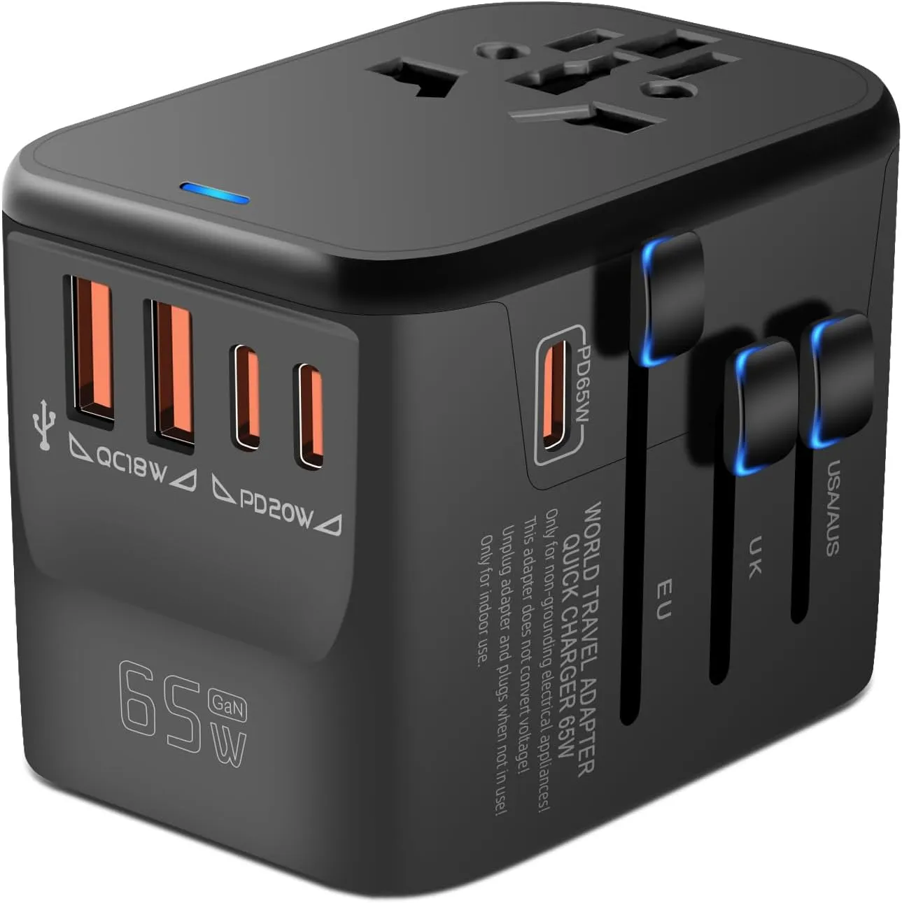 MINGTONG Universal Travel Adapter, GaN 65W International Plug Adapter, 3 PD USB-C & 2 QC USB-A Fast Charging Ports, Worldwide Power Adaptor Wall Charger for EU US UK AUS 200  Countires