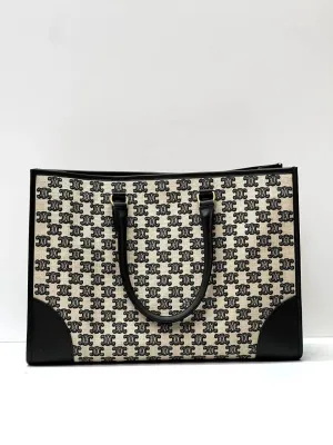 MINI HORIZONTAL CABAS IN TEXTILE WITH TRIOMPHE EMBROIDERY AND CALFSKIN BLACK