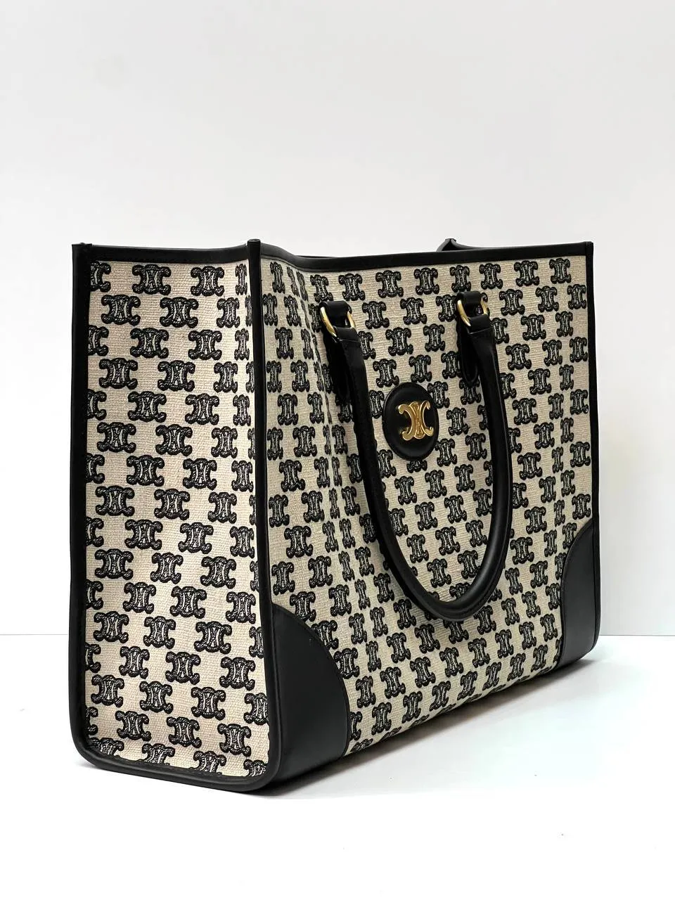 MINI HORIZONTAL CABAS IN TEXTILE WITH TRIOMPHE EMBROIDERY AND CALFSKIN BLACK