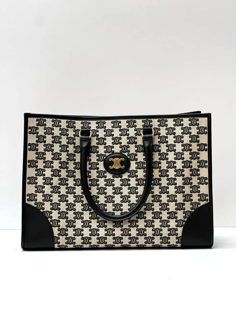 MINI HORIZONTAL CABAS IN TEXTILE WITH TRIOMPHE EMBROIDERY AND CALFSKIN BLACK