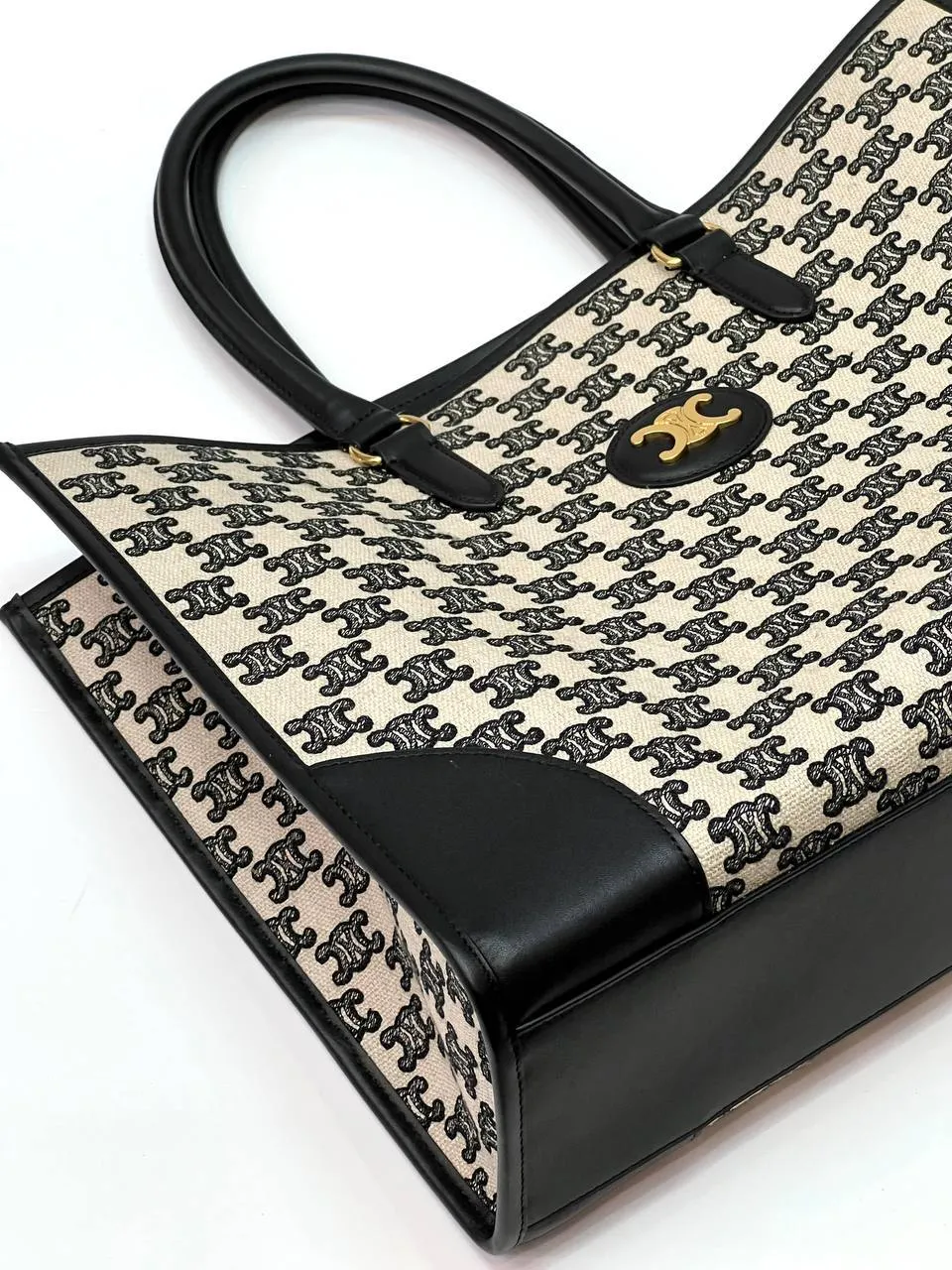 MINI HORIZONTAL CABAS IN TEXTILE WITH TRIOMPHE EMBROIDERY AND CALFSKIN BLACK