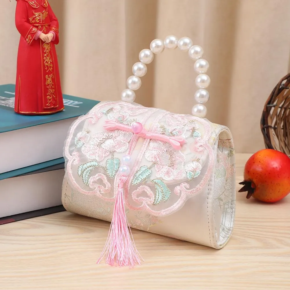Mini Retro Handbag with Pearl handle, Vintage Embroidered Purse with Tassel for Little Girls, 2 Tassels