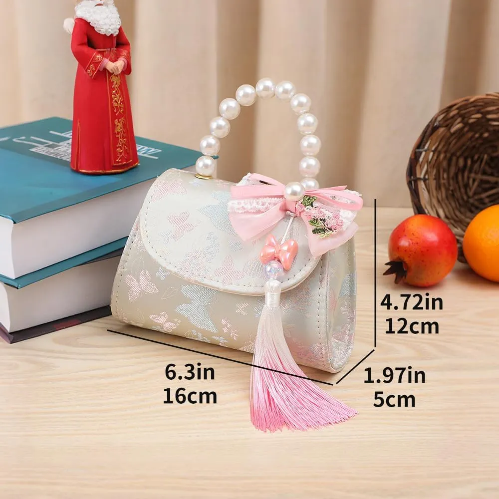 Mini Retro Handbag with Pearl handle, Vintage Embroidered Purse with Tassel for Little Girls, 2 Tassels