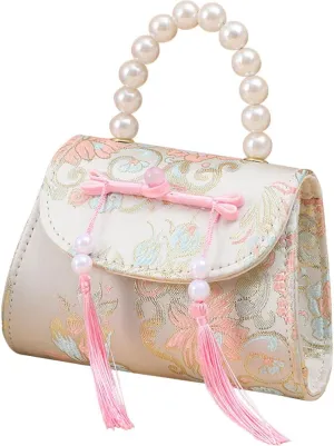 Mini Retro Handbag with Pearl handle, Vintage Embroidered Purse with Tassel for Little Girls, 2 Tassels