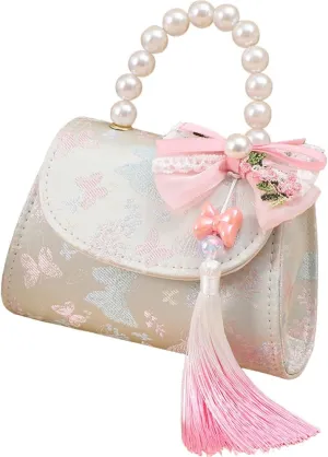 Mini Retro Handbag with Pearl handle, Vintage Embroidered Purse with Tassel for Little Girls, Bowknot