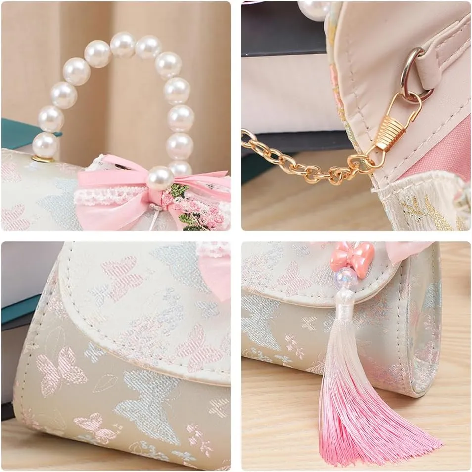 Mini Retro Handbag with Pearl handle, Vintage Embroidered Purse with Tassel for Little Girls, Bowknot