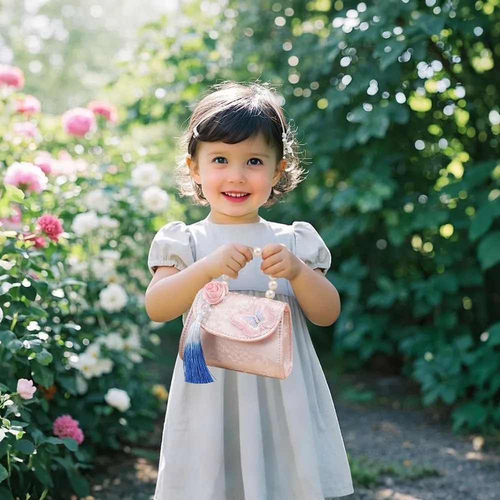 Mini Retro Handbag with Pearl handle, Vintage Embroidered Purse with Tassel for Little Girls, Bowknot