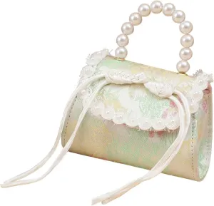 Mini Retro Handbag with Pearl handle, Vintage Embroidered Purse with Tassel for Little Girls, Chinese Knot