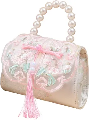 Mini Retro Handbag with Pearl handle, Vintage Embroidered Purse with Tassel for Little Girls, Tassel