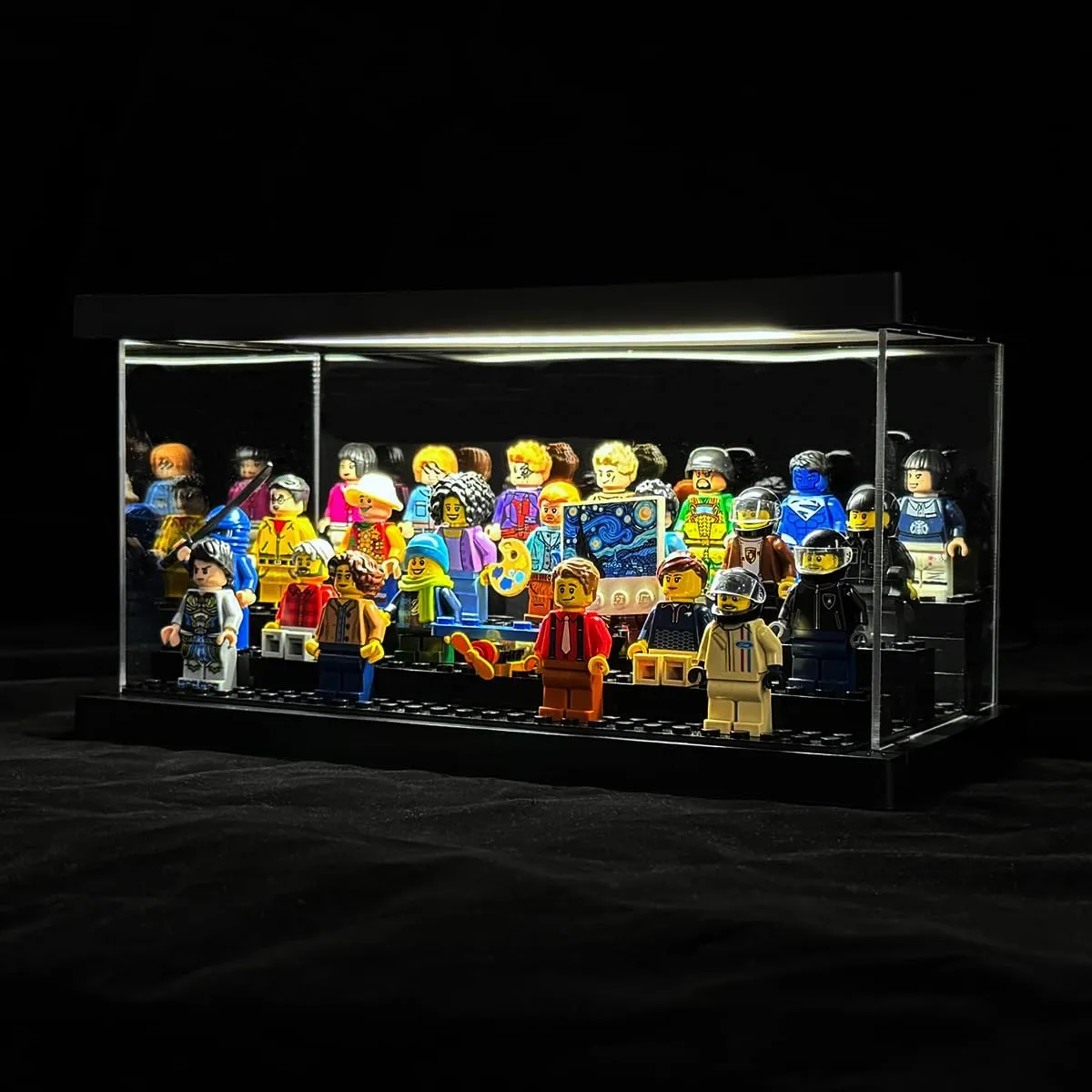 Minifigure Display Case with LED Lights - Clear Dustproof Acrylic Display Box Storage - Removable and Freely Assembled Brick Base (Clear Acrylic)