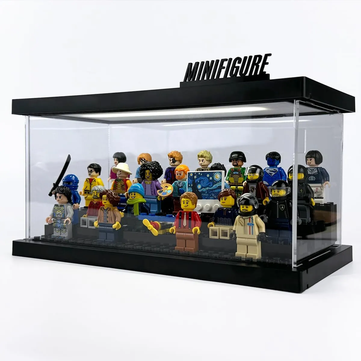 Minifigure Display Case with LED Lights - Clear Dustproof Acrylic Display Box Storage - Removable and Freely Assembled Brick Base (Clear Acrylic)