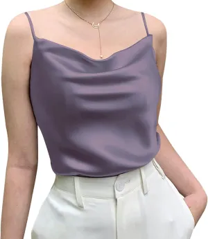 Miqieer Basic Women's Silk Tank Top Ladies V-Neck Camisole Silky Loose Sleeveless Blouse Satin Tank Shirt