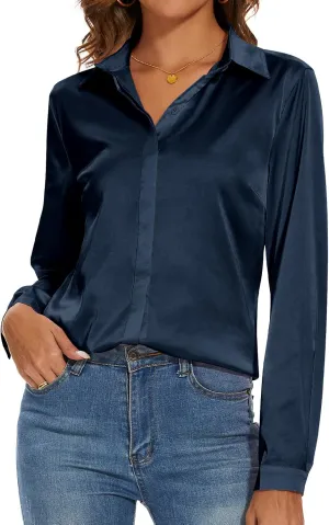 Miqieer Women's Silk Blouse Long Sleeve Lady Shirt Casual Office Work Blouse Shirt Tops
