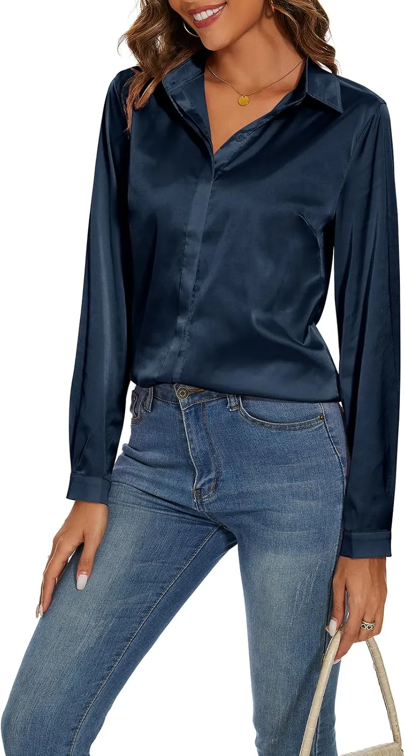 Miqieer Women's Silk Blouse Long Sleeve Lady Shirt Casual Office Work Blouse Shirt Tops