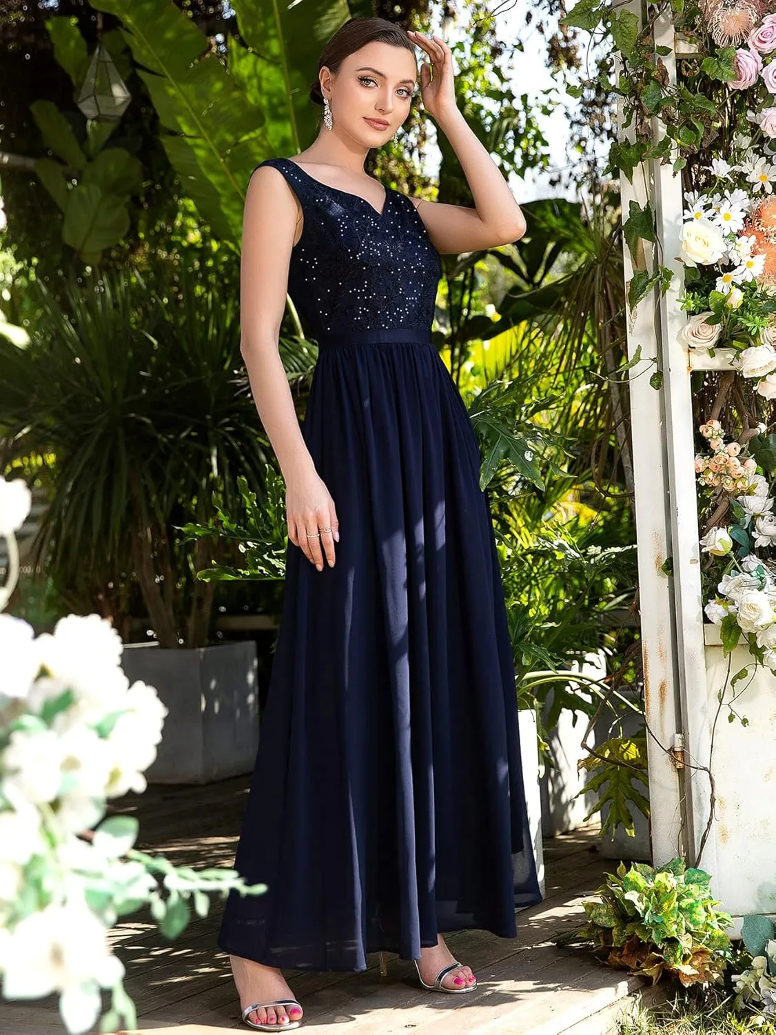 Miusol Women's Classy Deep V Neck Formal Evening Party Maxi Dress