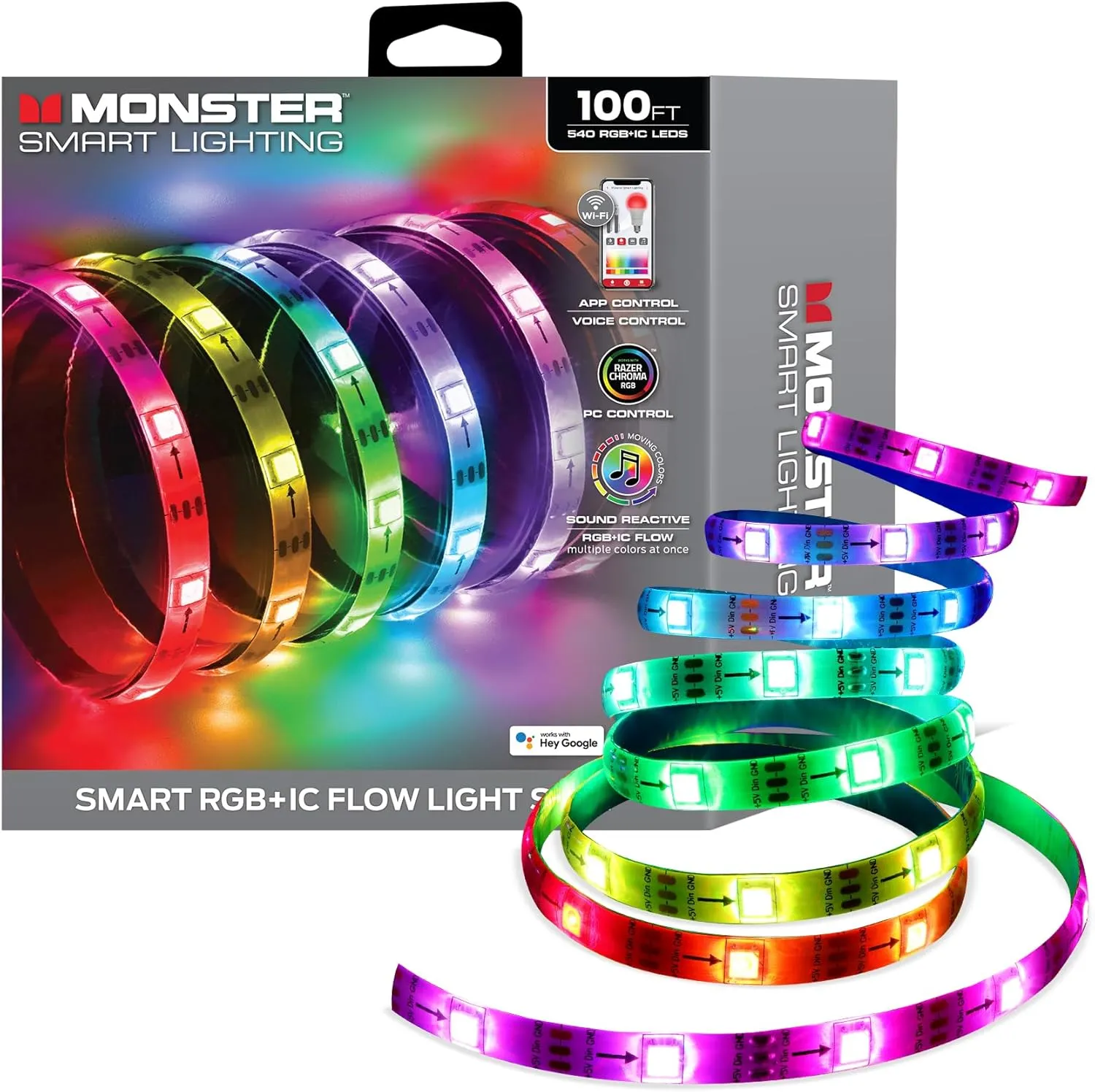 Monster Smart RGB IC LED Light Strip, 100’ Foot Indoor Sound Reactive Multi Color Chasing LED Light Strip, Works with App, Alexa, & Google Home, Razer Chroma Smart Gaming Lights, 540 RGB IC LED Lights